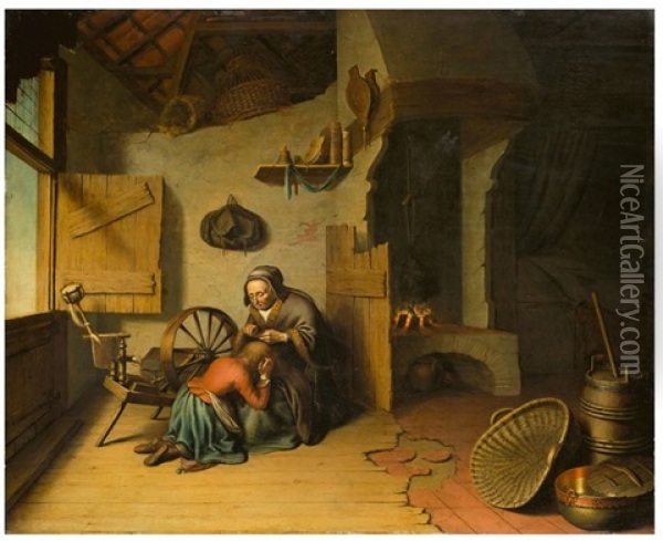 An Old Woman, Combing A Child's Hair Oil Painting - Jacob van Spreeuwen