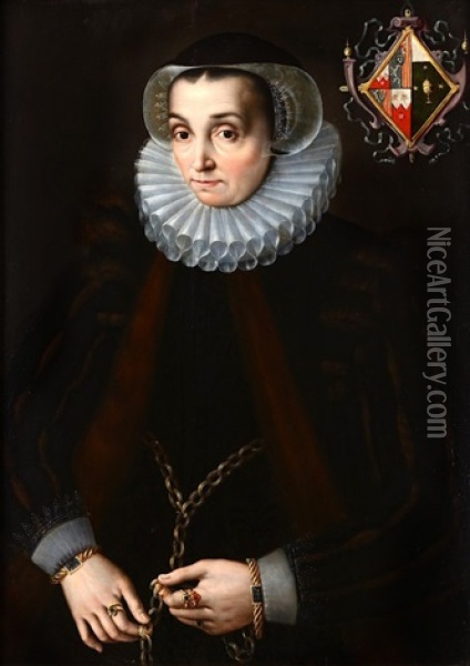 Portrait Of A Lady, Three-quarter Length, In A Black Dress And Fur-lined Coat, Lace Ruff And Cap With The Sitter's Coat-of-arms Oil Painting - Gortzius Geldorp
