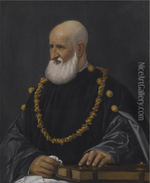 Portrait Of A Man, Half Length Oil Painting - Giovanni De' Busi Cariani