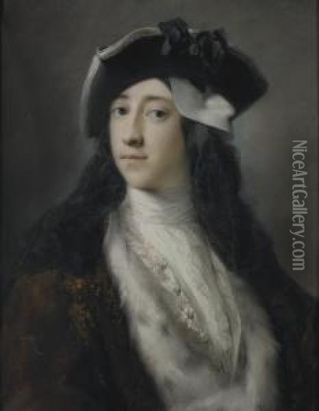 Portrait Of Gustavus Hamilton 
(1710-1746), 2nd Viscount Boyne, Longbust-length, Wearing An Ermine 
Trimmed Coat, Tricorn Hat Andmask Oil Painting - Rosalba Carriera