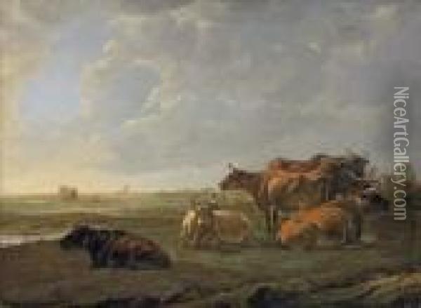 A Landscape With Cattle Grazing On A Bank, A View Near Dordrecht Beyond Oil Painting - Aelbert Cuyp