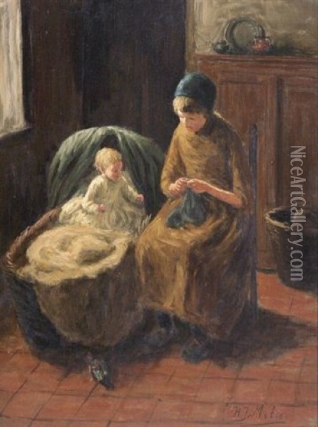 Mutter Mit Strickzeug An Der Wiege Oil Painting - Henricus Johannes Melis