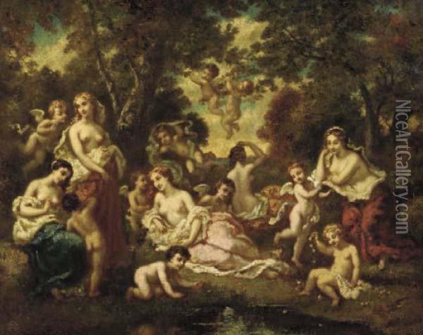 Nymphs And Putti In An Arcadian Landscape Oil Painting - Narcisse-Virgile D Az De La Pena