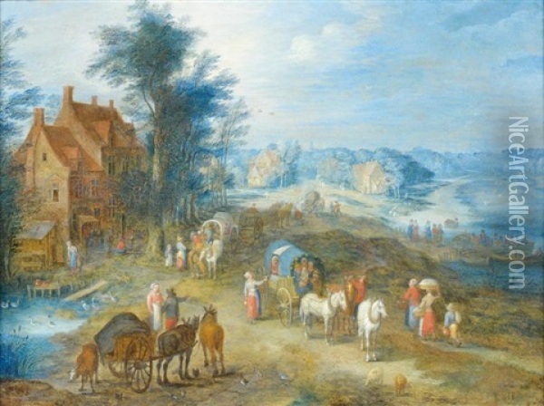 Paysage De Riviere Avec Une Halte Devant Une Auberge Oil Painting - Joseph van Bredael