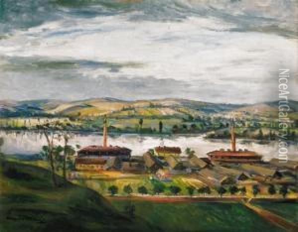 Landscape By The River Danube Oil Painting - Josef Karoly Kernstok