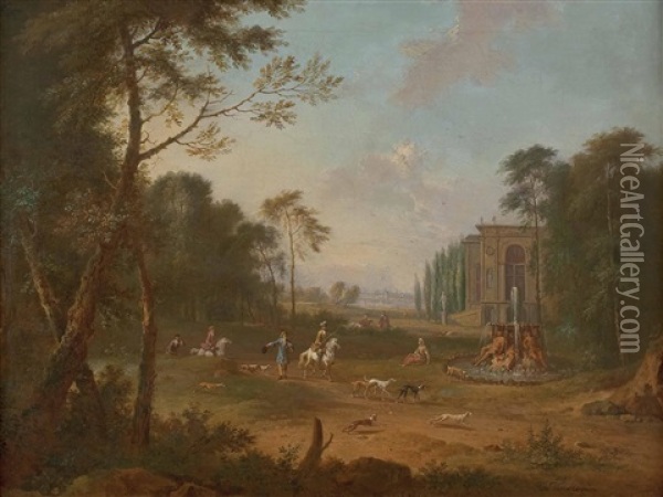 Klassische Landschaft Mit Reitern Und Brunnen, Im Hintergrund Eine Stadt Oil Painting - Jan Van Huysum