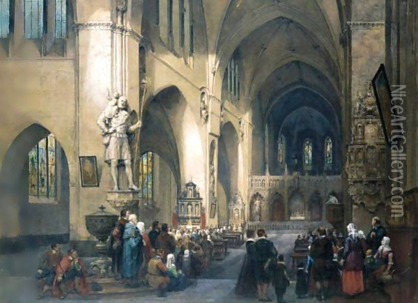 Figures In A Cathedral Oil Painting - Louis Haghe