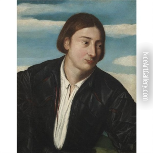 Portrait Of A Young Man Wearing A Black Satin Doublet And A White Shirt Oil Painting - Jacopo Palma il Vecchio
