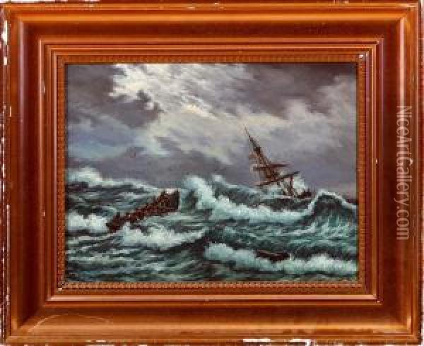 A Sailing Ship And Rowing Boat Near The Coast Oil Painting - Christian Molsted