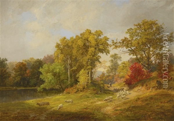 Autumn Landscape With Shepherd, Dog And Sheep Oil Painting - Jasper Francis Cropsey