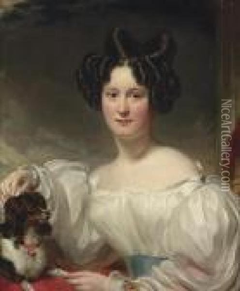 Portrait Of Mary Aston Walker, 
Nee Hoggart (b.1809), Half-length,in A White Dress, With A King Charles 
Spaniel Oil Painting - George Henry Harlow