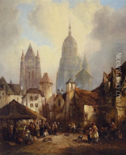 Continental Town Scene With Figures In A Market Square Oil Painting - Alfred Montague