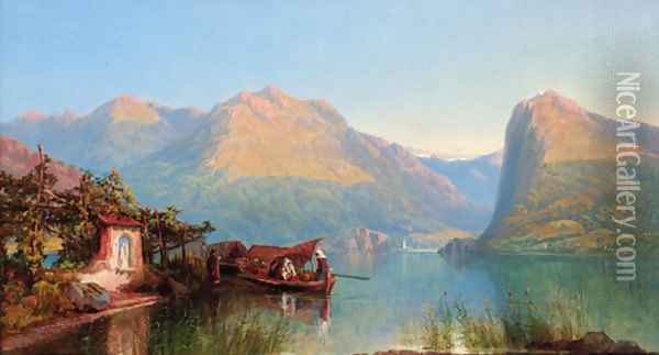 The Vesper Hour, Lake Lugano, Italy Oil Painting - George Pettitt
