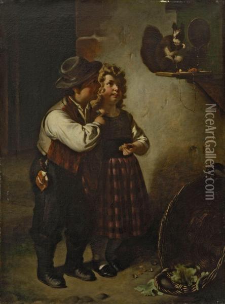 Zwei Kinder Mit Eichhornchen Oil Painting - Karl Adolf Gugel