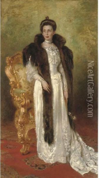 Portrait Of A Lady In A White Dress And Fur Stole Oil Painting - Konstantin Egorovich Egorovich Makovsky
