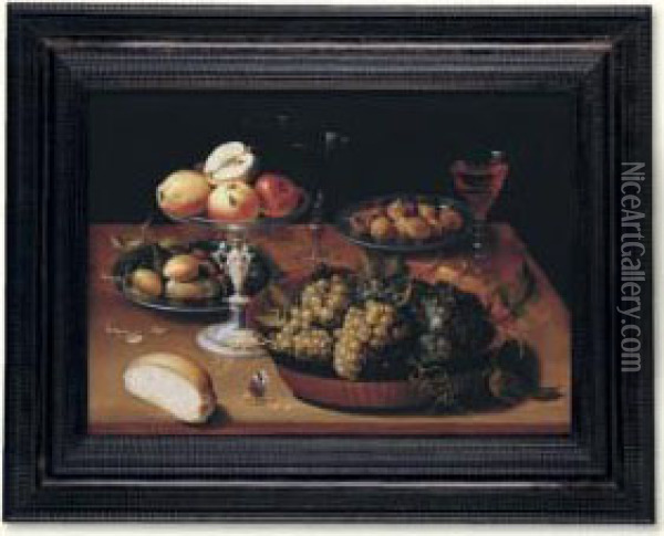 Grapes In A Dish, Apples In A 
Silver Tazza, Hazelnuts And Medlars On Pewter Plates, Glasses And A 
Bread Roll On A Wooden Table Oil Painting - Osias, the Elder Beert