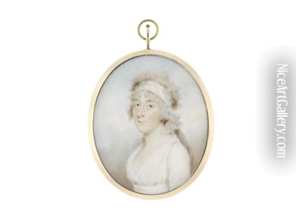 A Portrait Miniature Of A Lady, Wearing White Dress And Matching Bandeau Finished With Pearls In Her Curled And Powdered Hair Oil Painting - Charles Shirreff
