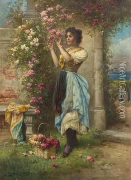 Lady With Flowers Oil Painting - Hans Zatzka