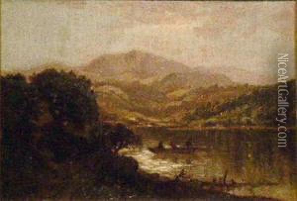 Fishing On A Mountain Lake Oil Painting - Charles Day Hunt
