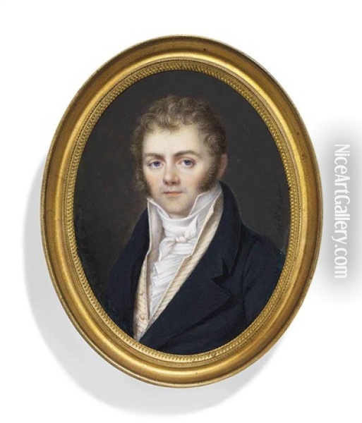 A Young Gentleman, In Blue Coat, Striped Buff Colored Waistcoat, White Shirt And Knotted White Cravat, Fair Hair And Sideburns Oil Painting - Marie-Marguerite Jaser