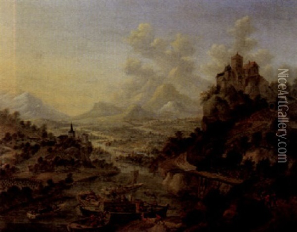 Flusslandschaft Mit Zahlreichen Schiffen, Personen, Schlossern Und Burgen Oil Painting - Cornelis Verdonck
