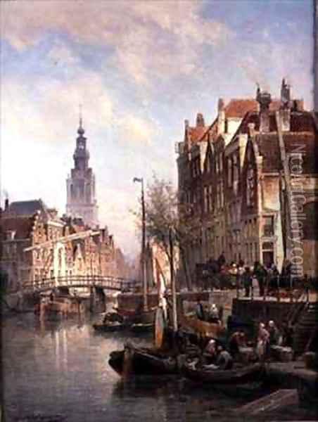 Street Scene on a Canal Oil Painting - Cornelis Christiaan Dommelshuizen