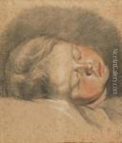 The Head Of A Sleeping Child With Inscription 'greuze' Black, Oil Painting - Jean Baptiste Greuze