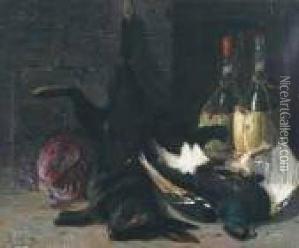Still Life Of Game, Cabbage And Wine Oil Painting - Francois B. De Blois