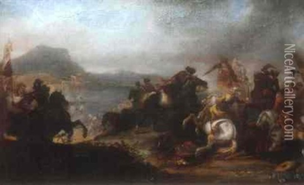A Cavalry Skirmish On A Hill Before An Extensive Landscape Oil Painting - Jacques Courtois