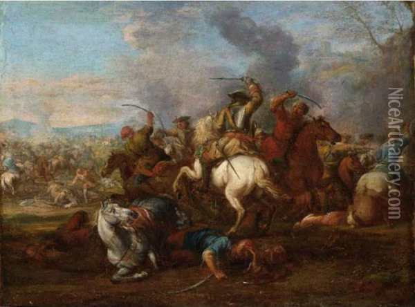 A Cavalry Battle Scene Between Christians And Turks Oil Painting - Christian Reder