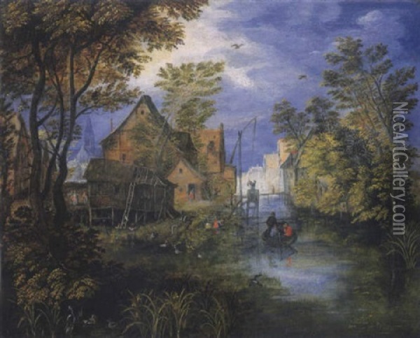 Une Riviere Traversant Un Village Avec Des Paysans Sur Une Barque Oil Painting - Jan Brueghel the Elder