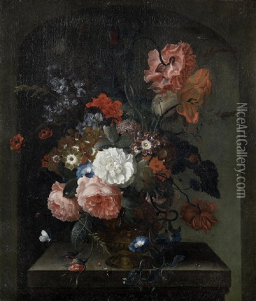Roses, Convolvulus, Auricula And Other Flowers In A Bronze Urn, In A Stone Niche; And (2) Oil Painting - Pieter Terwesten