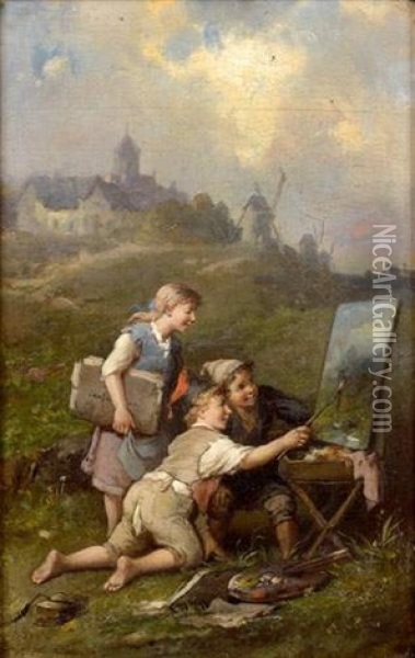 Enfants Peintres Sur Fond De Paysage Oil Painting - Francois-Louis Lanfant