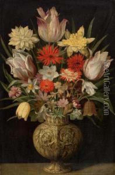 Floral Bouquet In A Metal Vase With Ornaments. Oil Painting - Georg Flegel