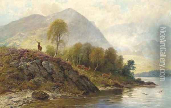 A stag with hinds by a loch Oil Painting - Charles Stuart