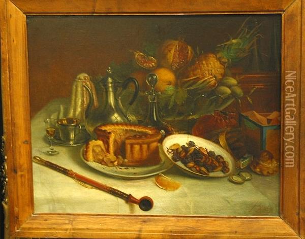 A Still Life With Nuts, A Meat Pie, A Coffee Pot And Fruit On A Table Oil Painting - Berton