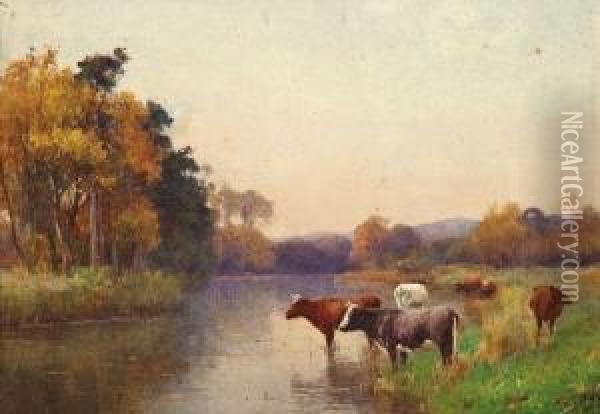 Cattle By A Riverbank Oil Painting - Benjamin D. Sigmund