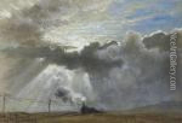 A Steam Train And Telegraph Wires Beneath A Sunburst Oil Painting - Waller Hugh Paton