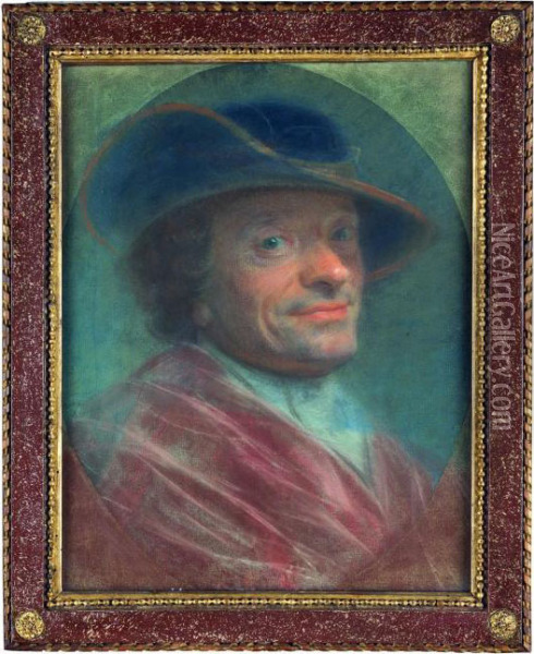 Ritratto Di Uomo Con Veste Rossa E Cappello Blu Oil Painting - Maurice Quentin de La Tour