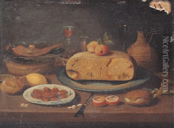 Nature Morte Au Plat De Fromage, Orange Et Citron Sur Un Entablement Oil Painting - Jan van Kessel the Younger