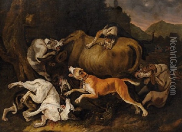 Chiens Attaquant Un Taureau Oil Painting - Pieter Boel