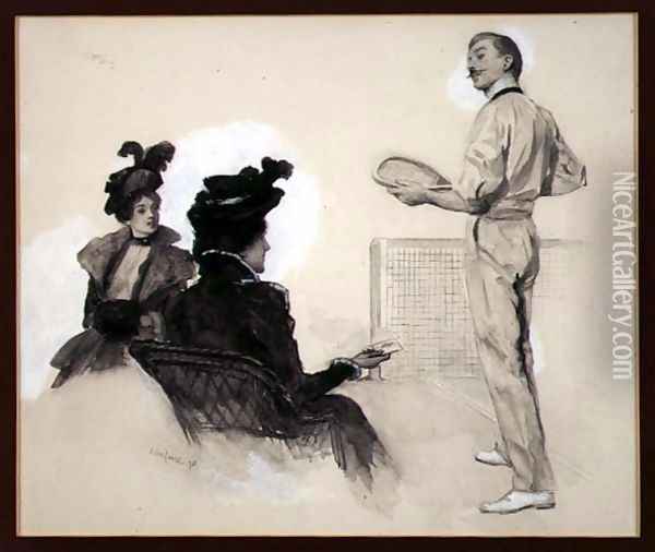It was Out! Two Women Watching a Man Play Tennis, 1898 Oil Painting - John da Costa