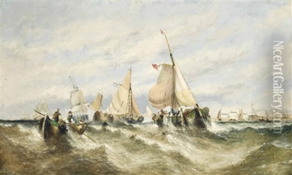 Fishing Boats At The Mouth Of A Harbour With Fishermen Dragging In Their Nets Oil Painting - William Callcott Knell