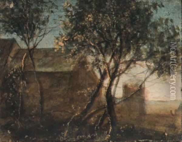 Trees By A House (recto); Trees In A Hilly Landscape (verso) Oil Painting - Anthonie Waterloo