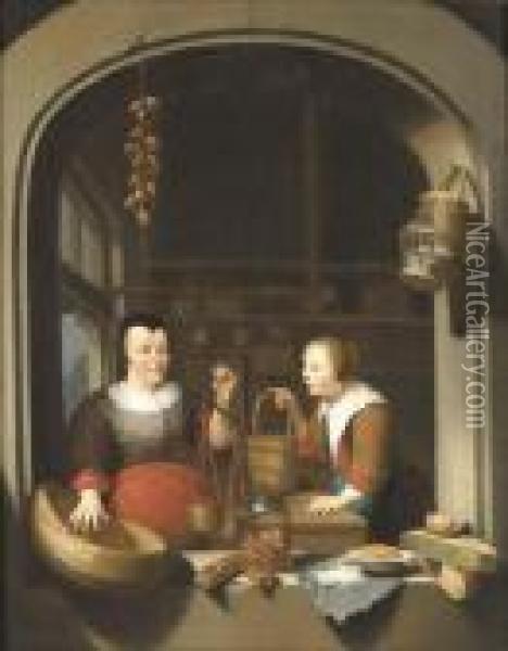A Shop-keeper And A Maid Seen Through A Casement Oil Painting - Gerrit Dou
