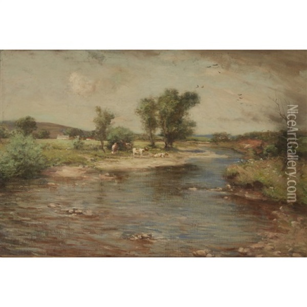 River Landscape With Calves Oil Painting - Joseph Morris Henderson