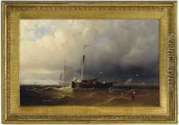 A Sailing Boat In A Storm By The Coast Oil Painting - Herman Herzog
