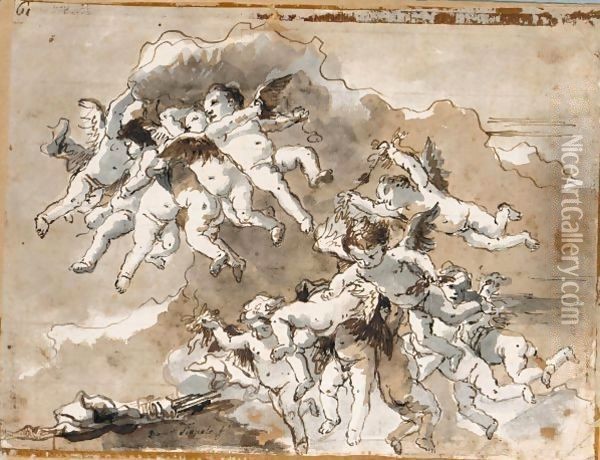 Putti In Clouds Oil Painting - Giovanni Domenico Tiepolo