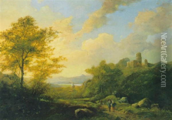 Landschaft Am Flusufer Mit Burgruine Und Figurlicher Staffage Oil Painting - Johann Bernard Klombeck