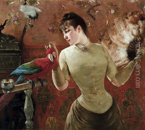 La Dame Au Perroquet Oil Painting - Eugene Joors